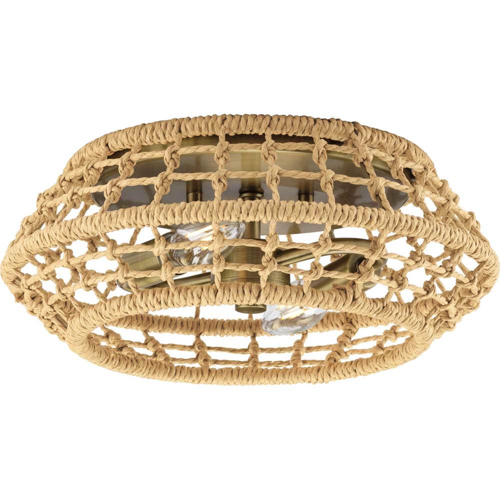 Progress Lighting Laila Collection 12-1/4 in. Two-Light Vintage Brass Coastal Flush Mount with Woven Jute Accents