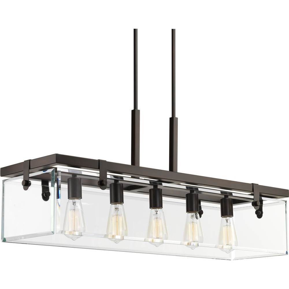 Progress Lighting Glayse Collection Five-Light Antique Bronze Clear Glass Luxe Linear Chandelier Light