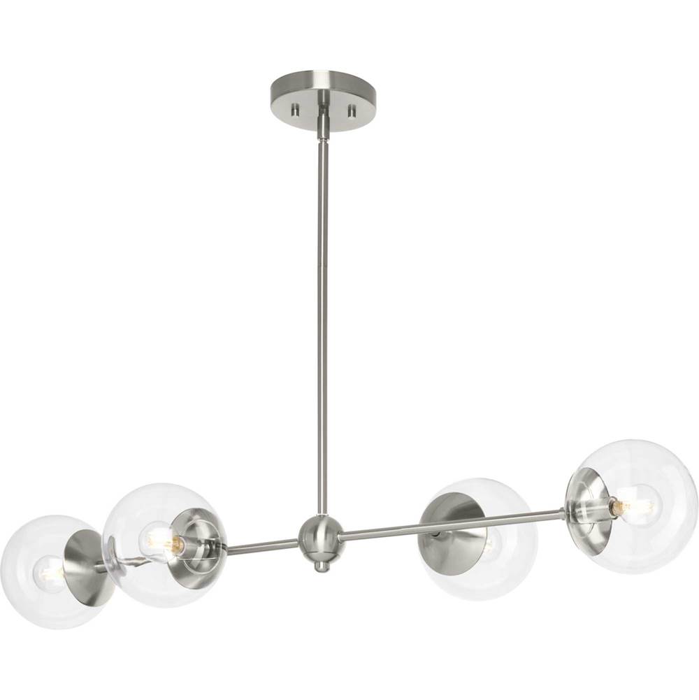 Progress Lighting Atwell Collection Four-Light Brushed Nickel Mid-Century Modern Island Light with Clear Glass Shade