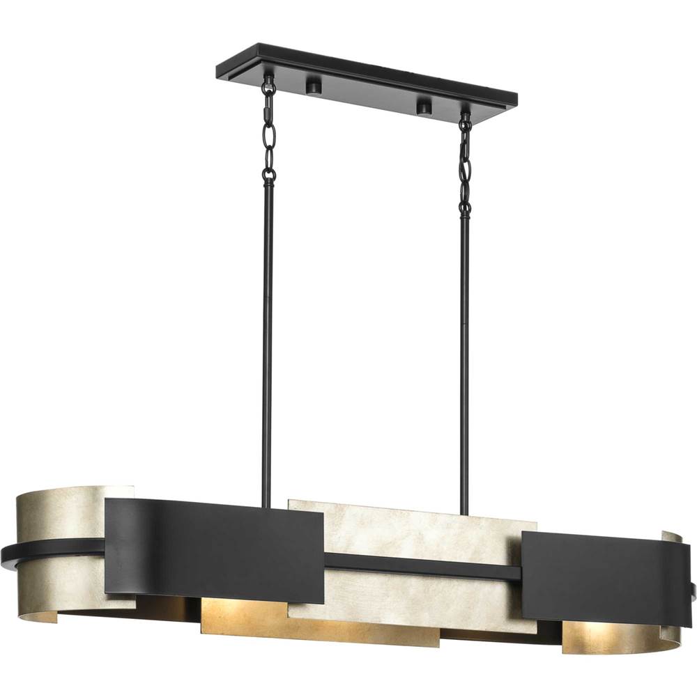 Progress Lighting Lowery Collection Four-Light Matte Black Industrial Luxe Linear Chandelier with Aged Silver Leaf Accent