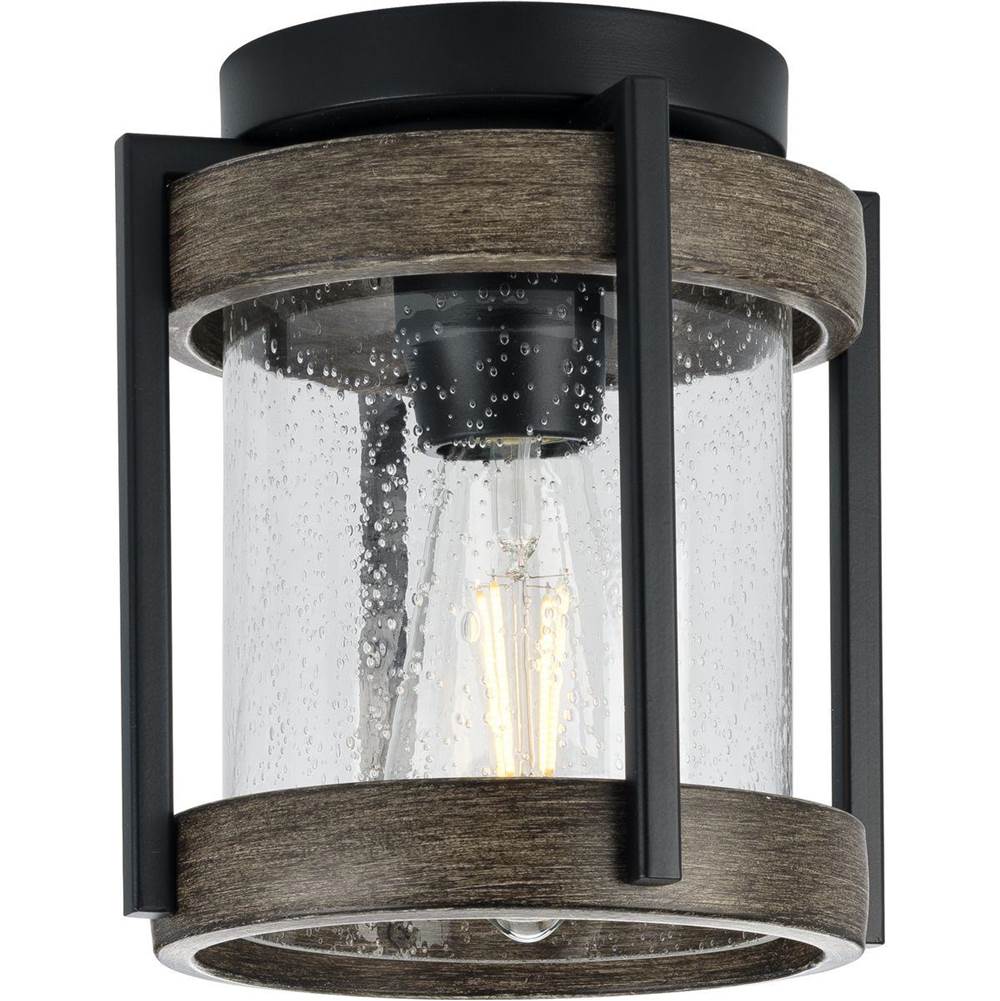 Progress Lighting Whitmire Collection  One-Light Matte Black with Aged Oak Accents Clear Seeded Glass Farmhouse Outdoor Ceiling Mount Light