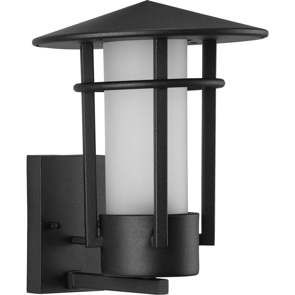 Progress Lighting Exton Collection One-Light Textured Black and Etched Seeded Glass Modern Style Medium Outdoor Wall Lantern