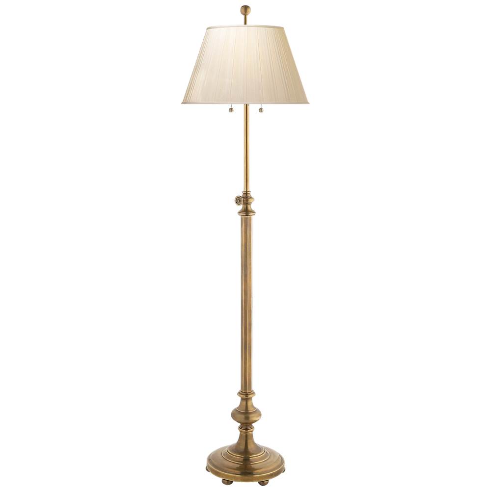 Visual Comfort Signature Collection Overseas Adjustable Club Floor Lamp in Antique-Burnished Brass with Silk Pleated Shade