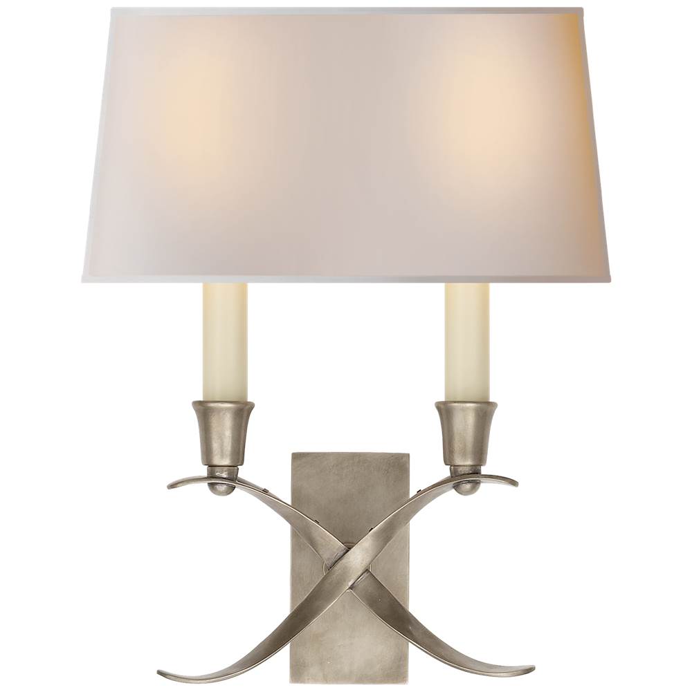 Visual Comfort Signature Collection Cross Bouillotte Small Sconce in Antique Nickel with Natural Paper Shade