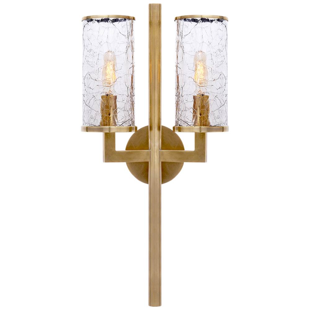 Visual Comfort Signature Collection Liaison Double Sconce in Antique-Burnished Brass with Crackle Glass