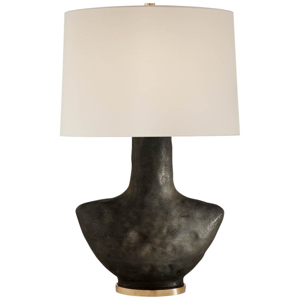 Visual Comfort Signature Collection Armato Small Table Lamp in Stained Black Metallic Ceramic with Oval Linen Shade