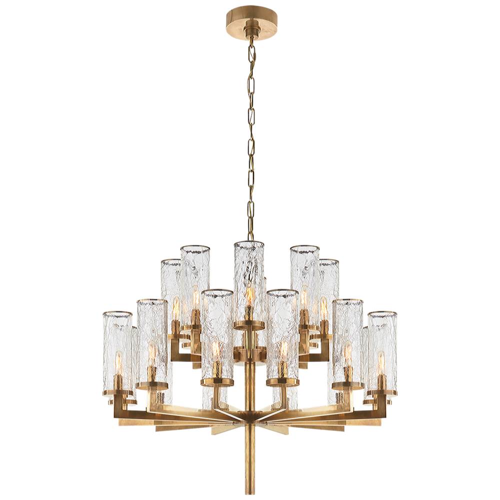 Visual Comfort Signature Collection Liaison Double Tier Chandelier in Antique-Burnished Brass with Crackle Glass