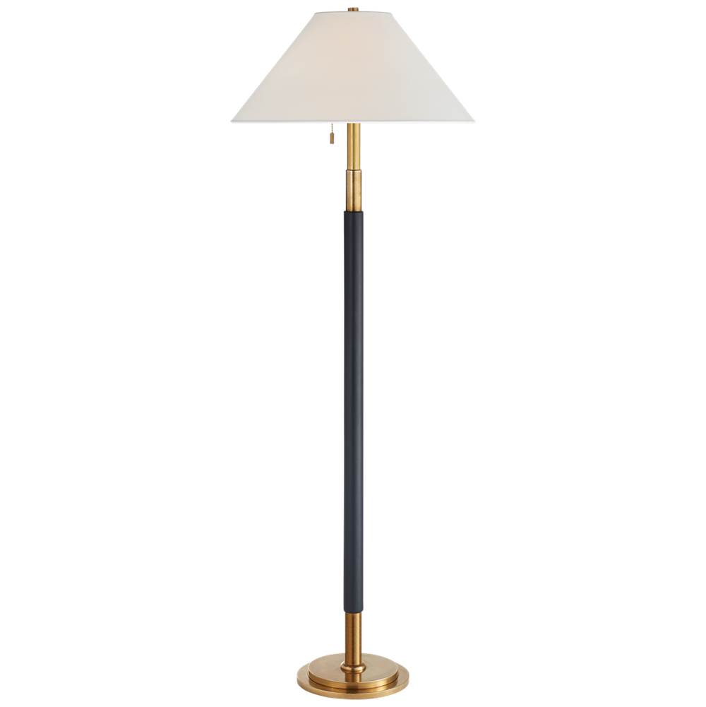 Visual Comfort Signature Collection Garner Floor Lamp in Natural Brass and Navy Leather with Percale Shade