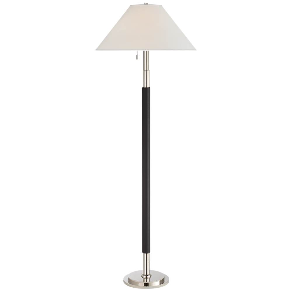 Visual Comfort Signature Collection Garner Floor Lamp in Polished Nickel and Chocolate Leather with Percale Shade