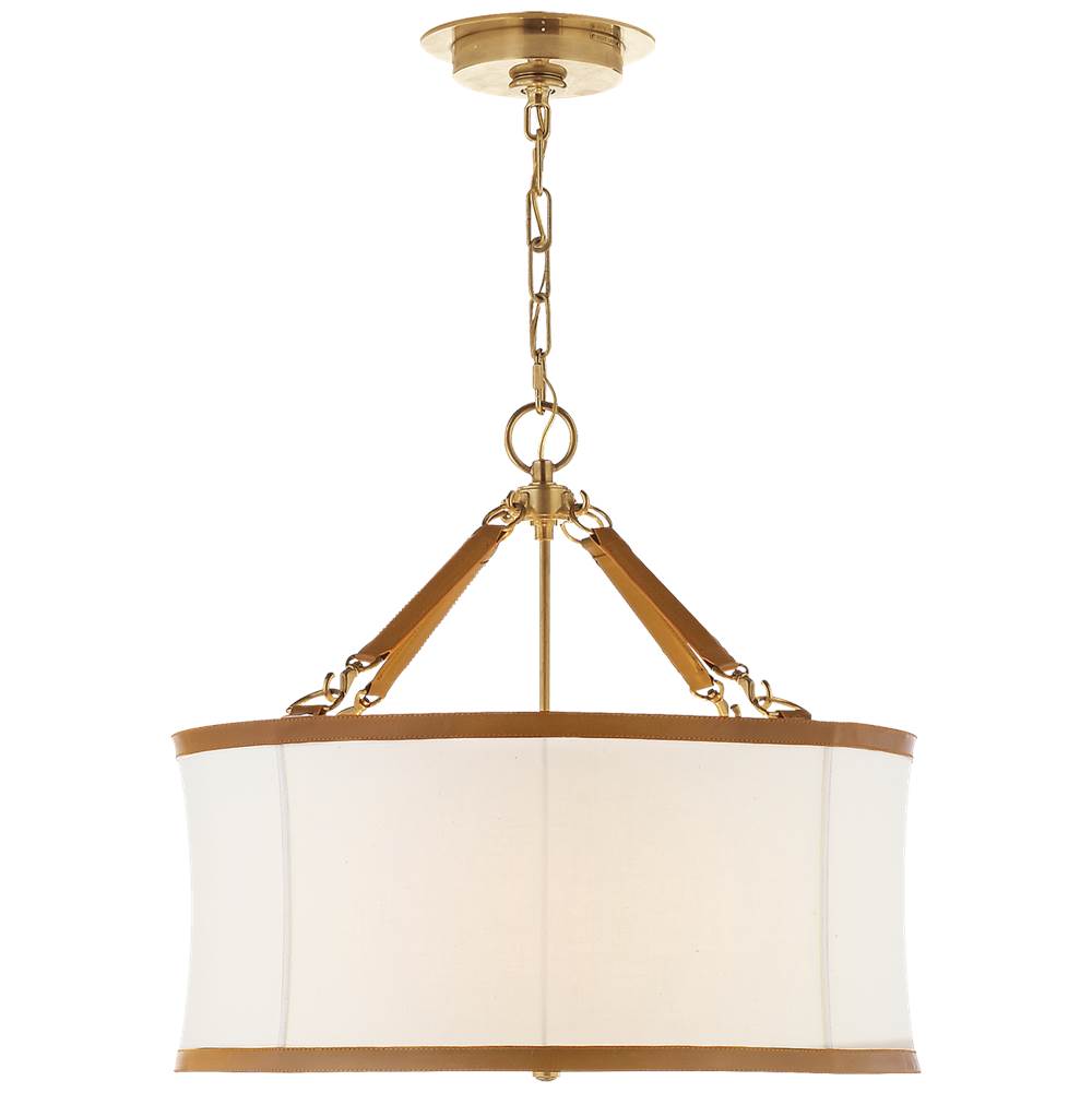 Visual Comfort Signature Collection Broomfield Small Hanging Shade in Natural Brass and Saddle Leather with Linen Shade