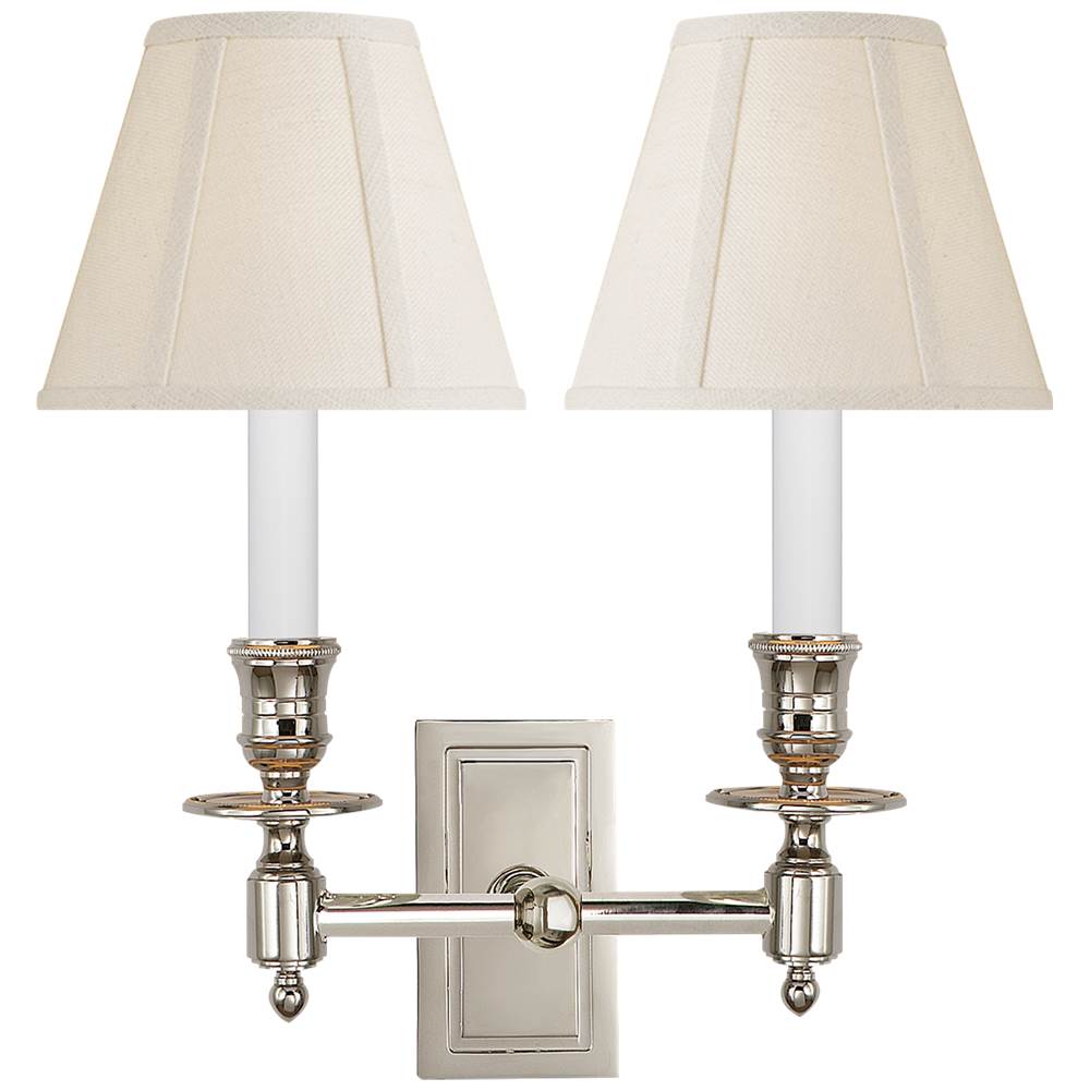 Visual Comfort Signature Collection French Double Library Sconce in Polished Nickel with Linen Shades
