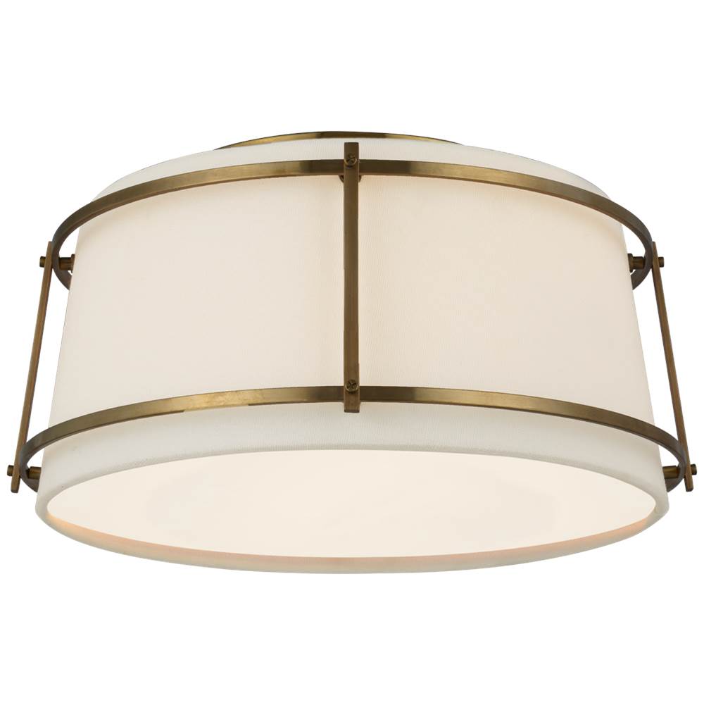 Visual Comfort Signature Collection Callaway Small Flush Mount in Hand-Rubbed Antique Brass with Linen Shade and Frosted Acrylic Diffuser
